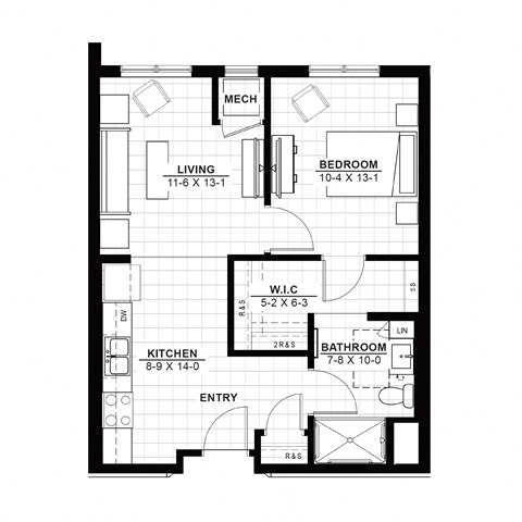 Floor plan for 1 bed, 1 bath, 643 sqft
